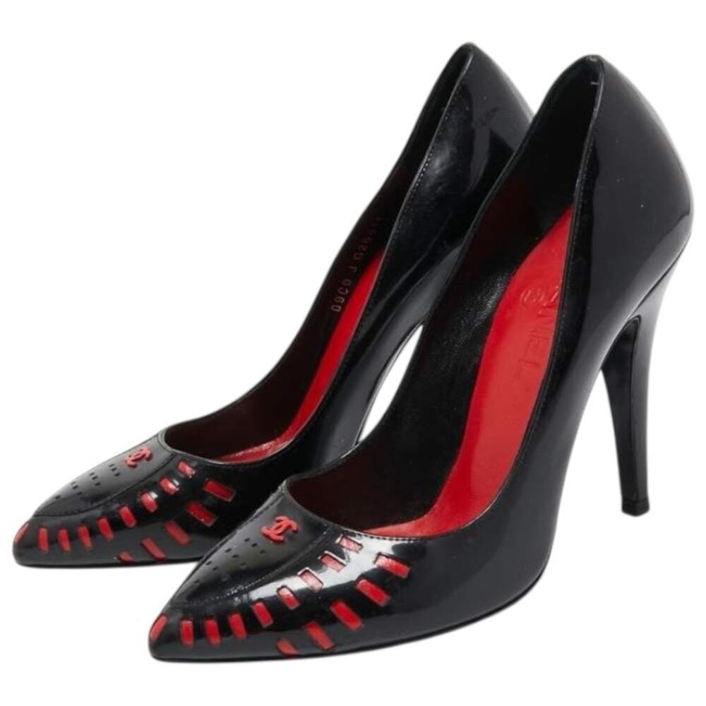 8.5 CHANEL Glossy Black Patent Leather Red Perforated Pointed Toe Logo Pumps